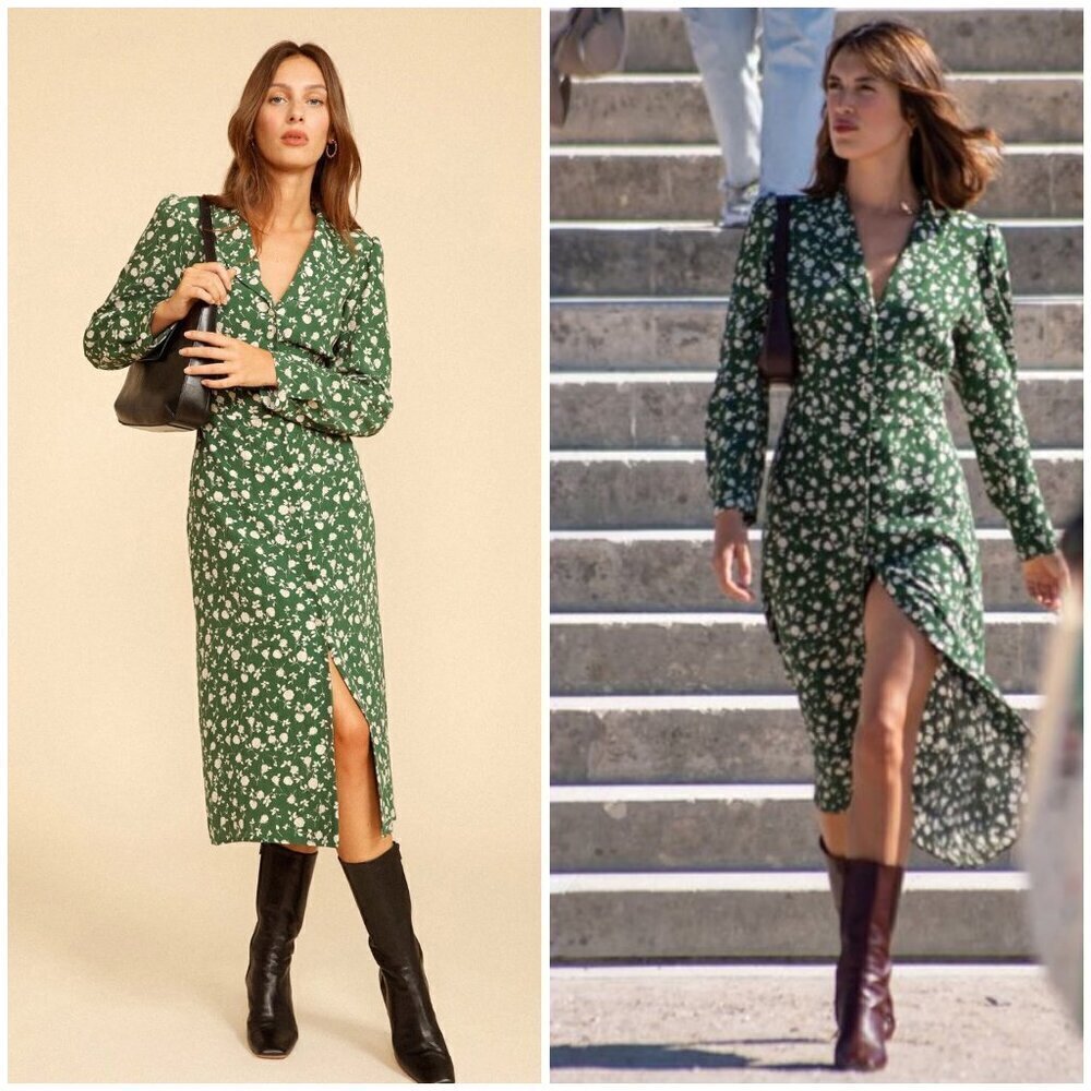 💕ROUJE💕 Clementine Midi Dress ~ Meme Roses Vert Green Floral Print 36 NWOT